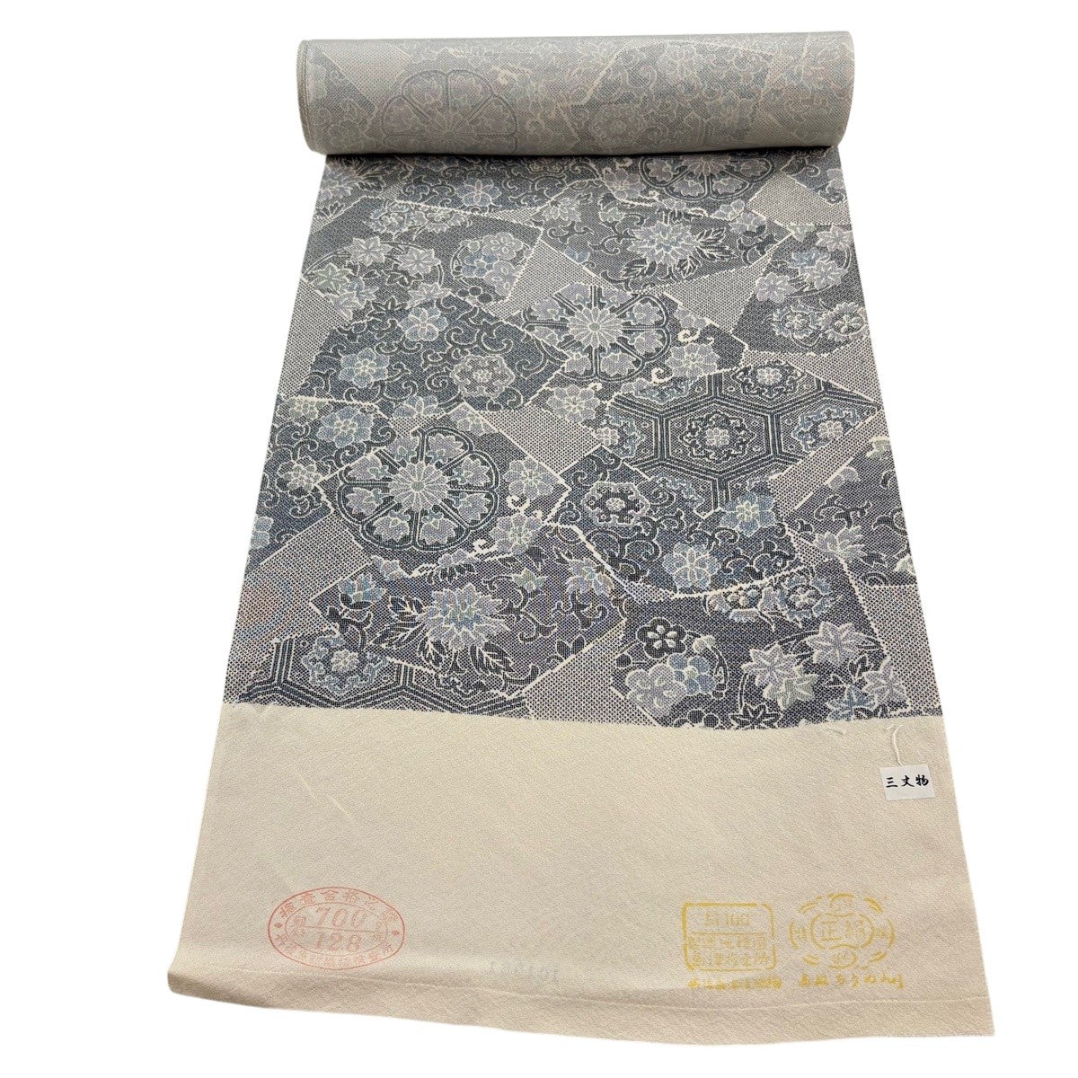 美品】 開き名古屋帯 秀品 花菱 花唐草 箔 唐織 灰色 正絹｜中古・古着