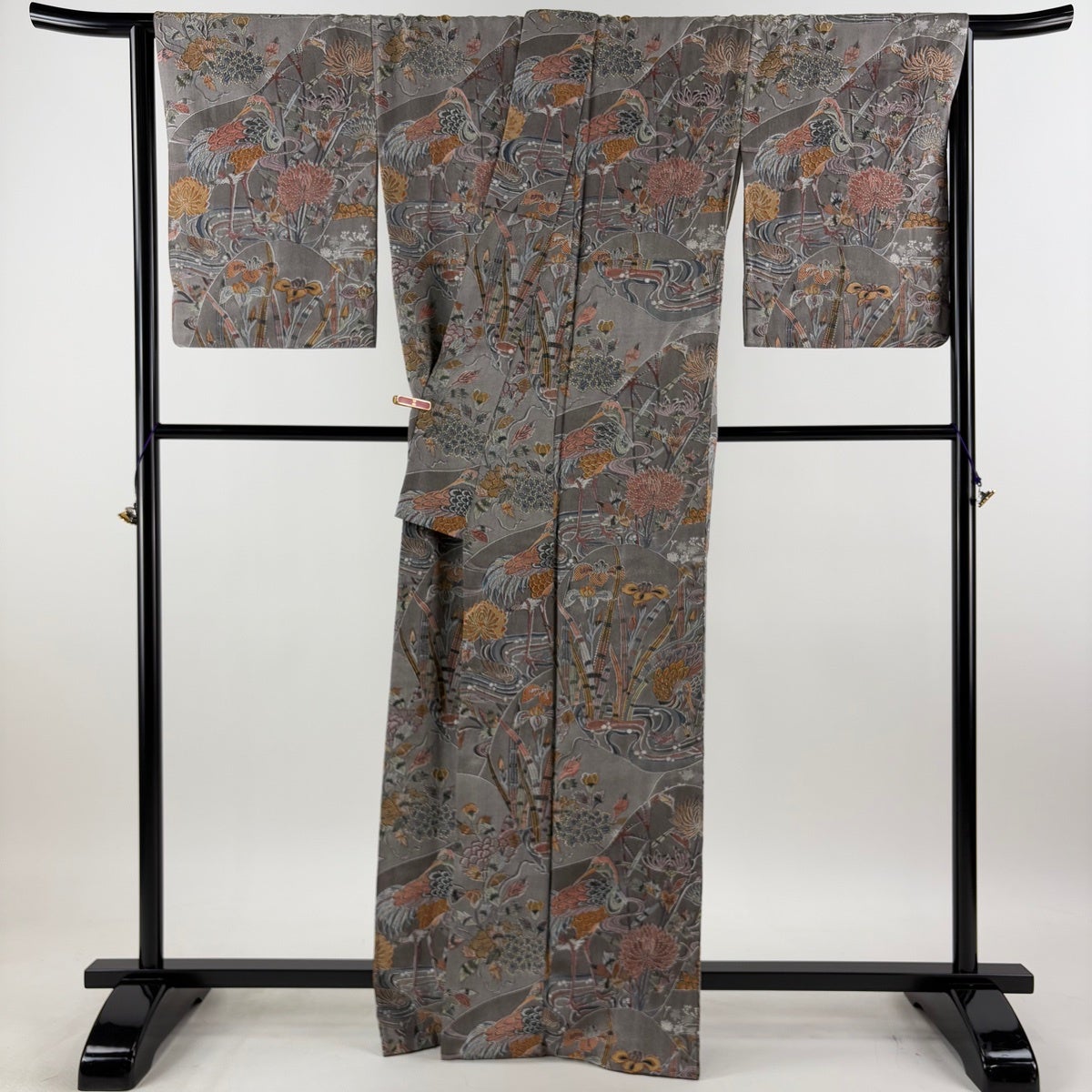 小紋 身丈165cm 裄丈68cm L 袷 山岡古都 落款あり 鳥 草花 灰茶 正絹