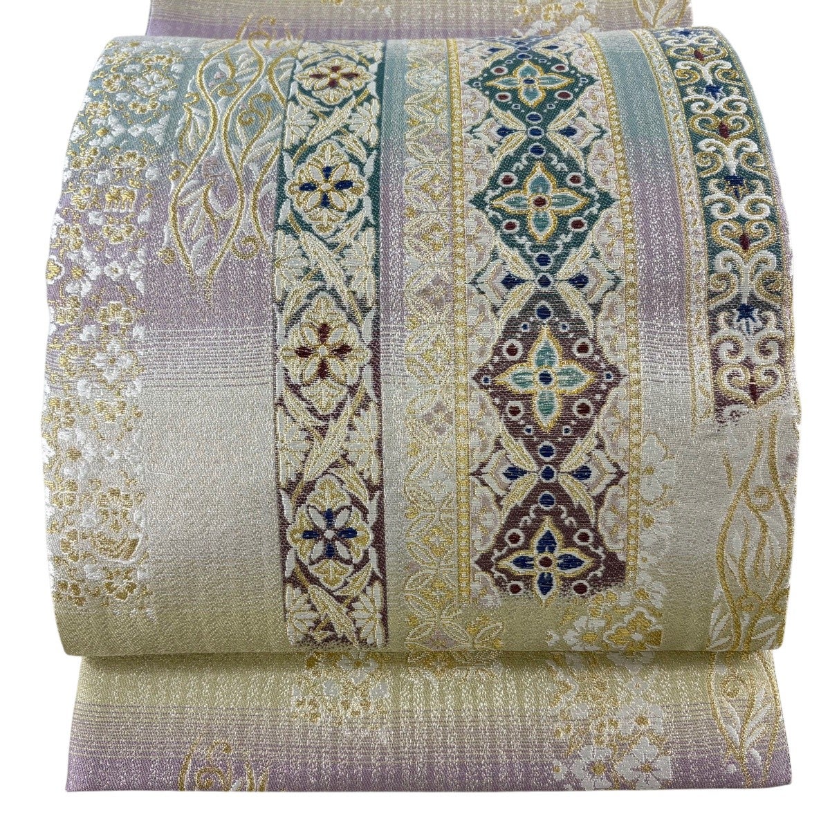 美品】 袋帯 秀品 関西仕立て 鴛鴦 草花 金銀糸 箔 緑 お太鼓柄 正絹