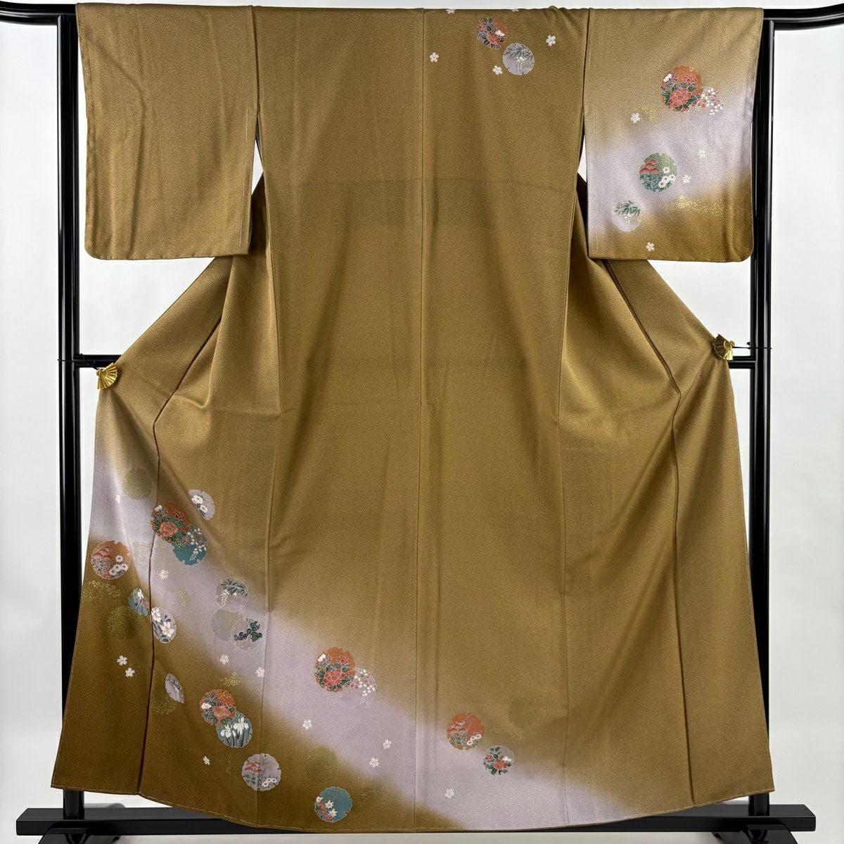 美品】 訪問着 身丈160cm 裄丈64.5cm M 袷 雪輪 草花 刺繍 金彩 茶色