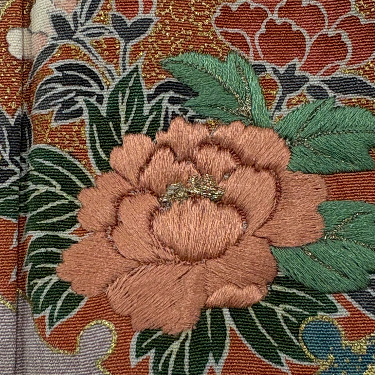 【フルセット】訪問着→駒刺繍　雪輪草花文金彩正絹逸品　袋帯→綴れ織　色紙花模様扇 美品】 訪問着 身丈160cm 裄丈64.5cm M 袷 雪輪 草花 刺繍 金彩 茶色