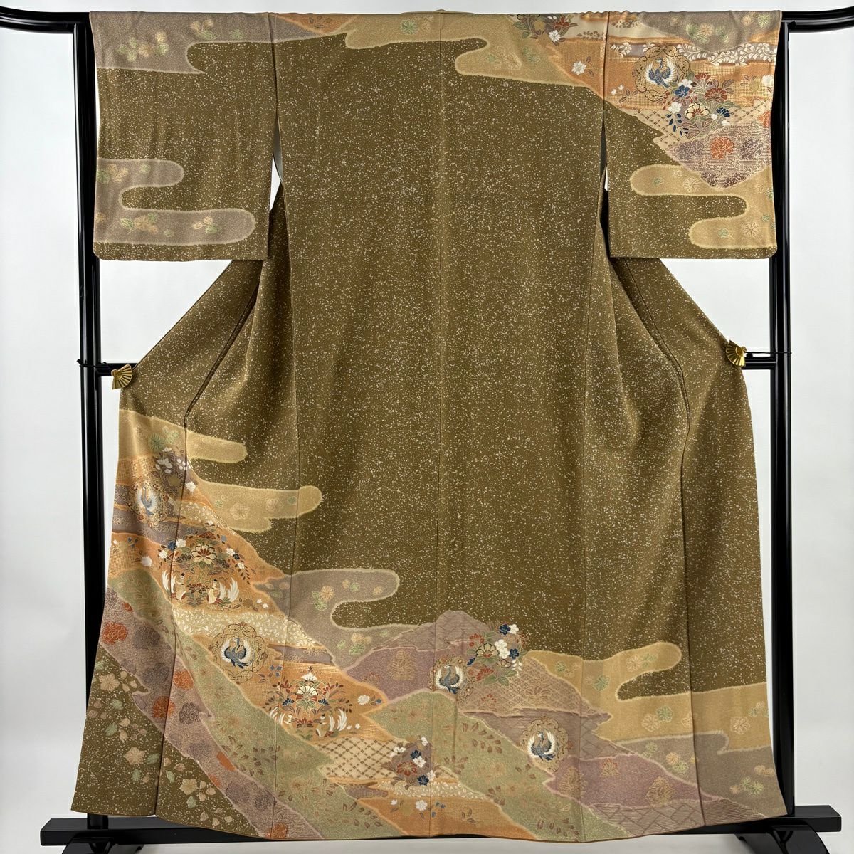 美品】 付下げ 身丈152cm 裄丈61.5cm S 袷 華文 向かい鳥 刺繍 金彩