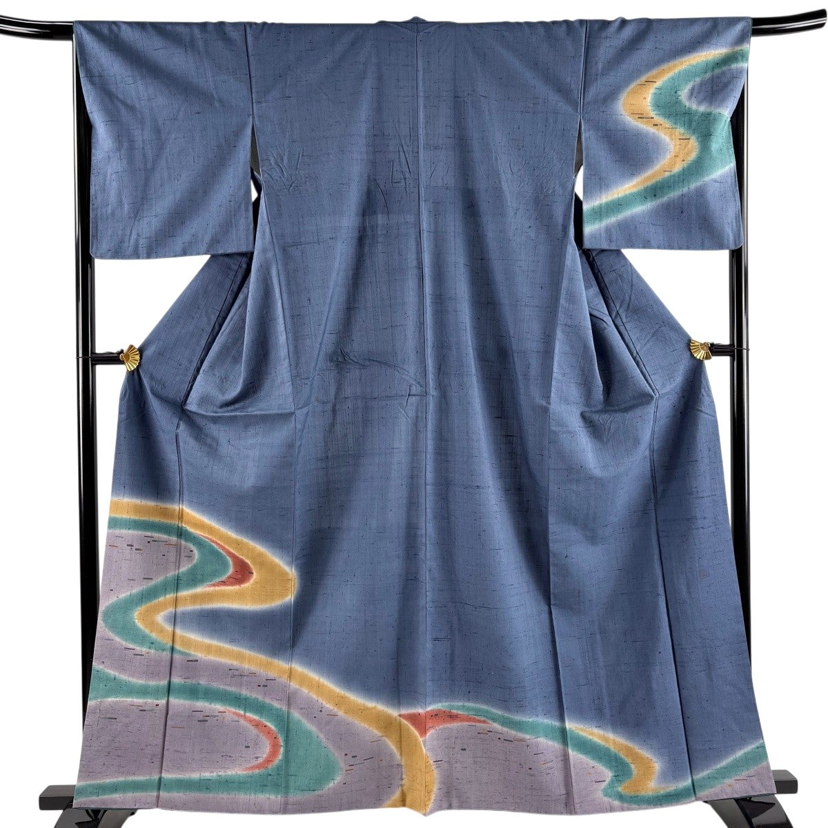付下げ 身丈162cm 裄丈64cm M 袷 草花 流水 藍色 正絹 秀品｜中古