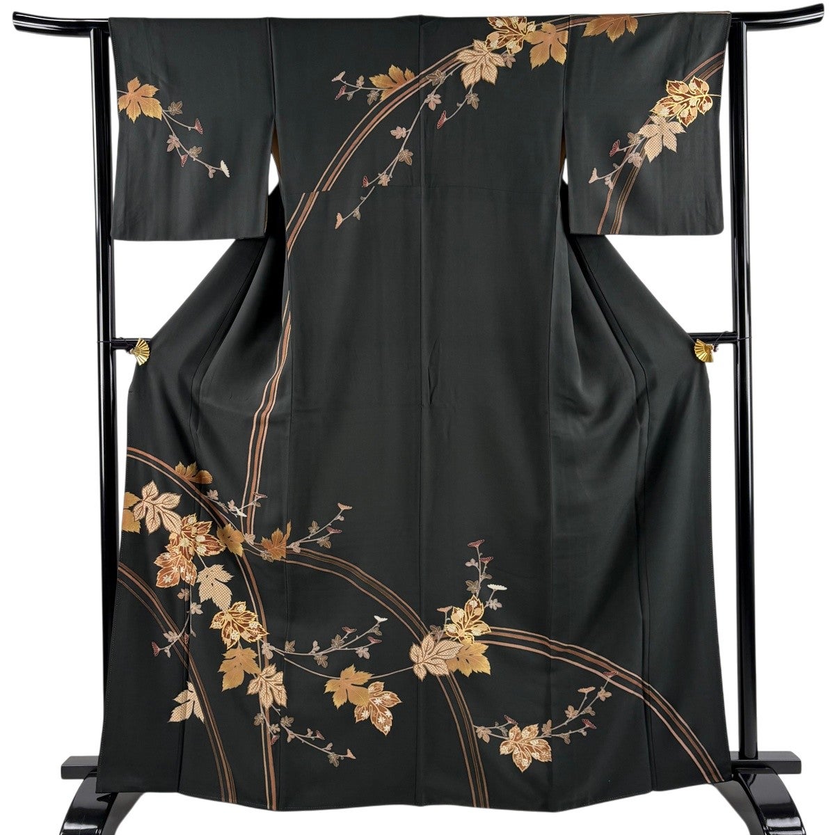 訪問着 身丈151cm 裄丈64.5cm M 袷 蝶 葉柄 絞り 金彩 黒 正絹 秀品