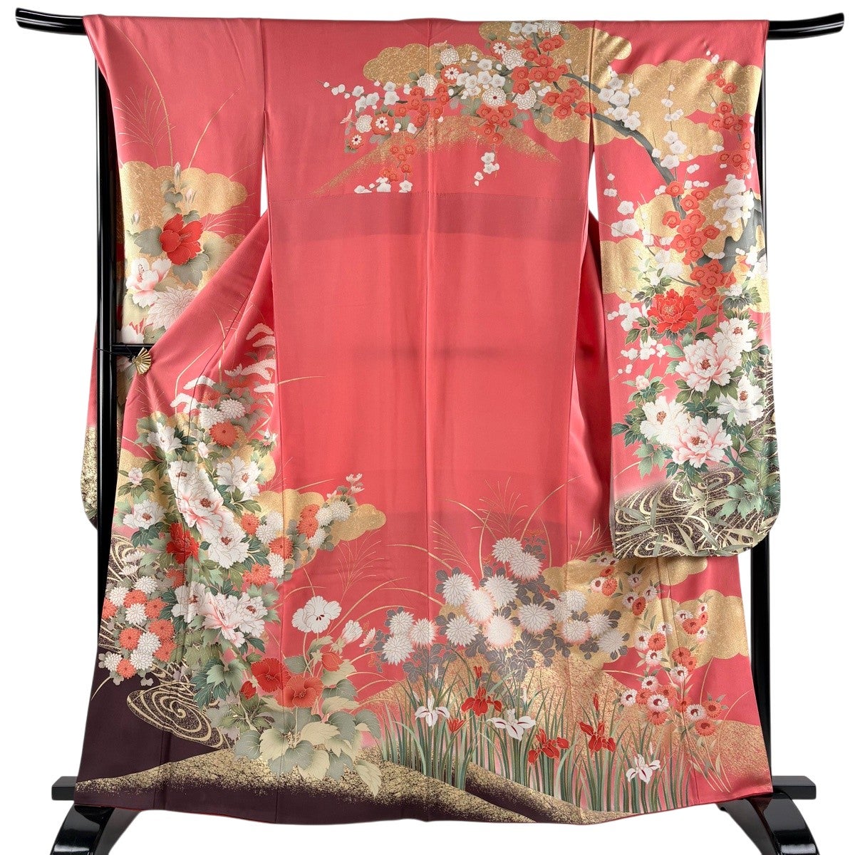 振袖 身丈161.5cm 裄丈66.5cm M 袷 牡丹 雲文 金彩 ピンク 正絹 秀品