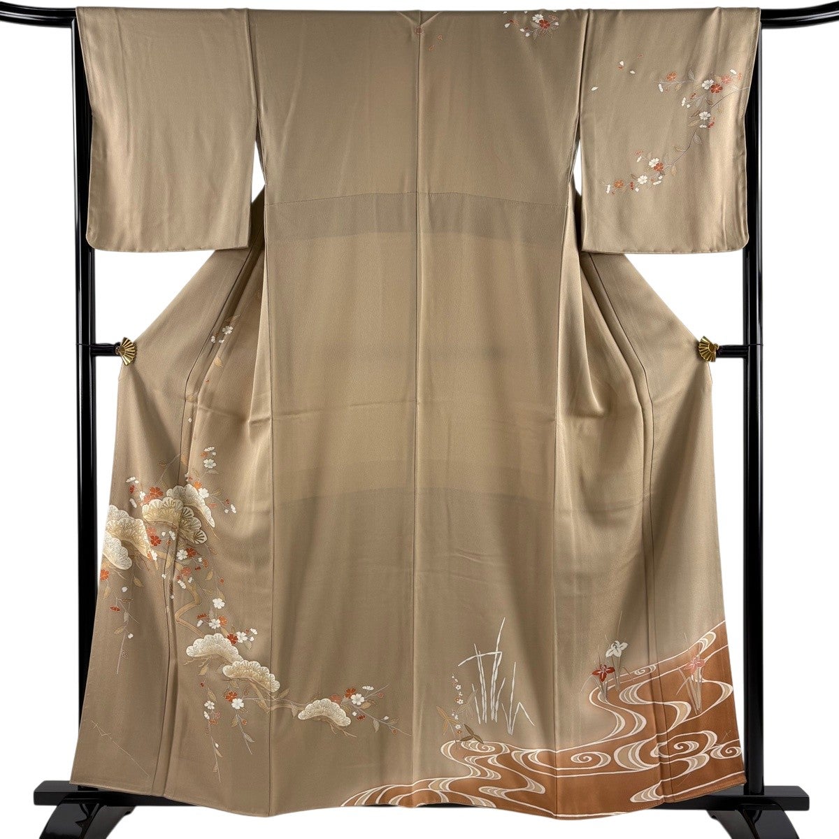 訪問着 身丈159cm 裄丈65.5cm M 袷 笠松 草花 金糸 金彩 薄茶色 正絹