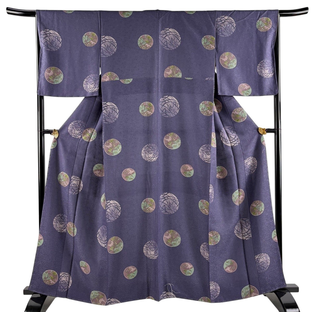 小紋 身丈162cm 裄丈65cm M 袷 丸文 草花 紫 正絹 秀品｜中古・古着
