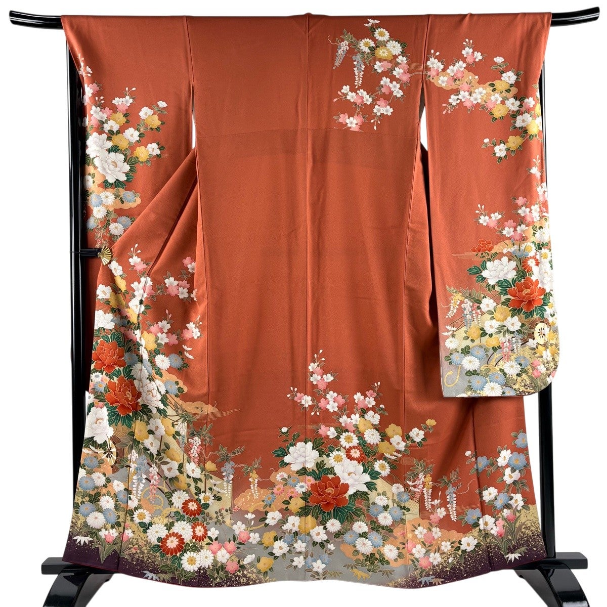 美品】 振袖 身丈154cm 裄丈61.5cm S 袷 花車 桜 金糸 金彩 紺色 正絹