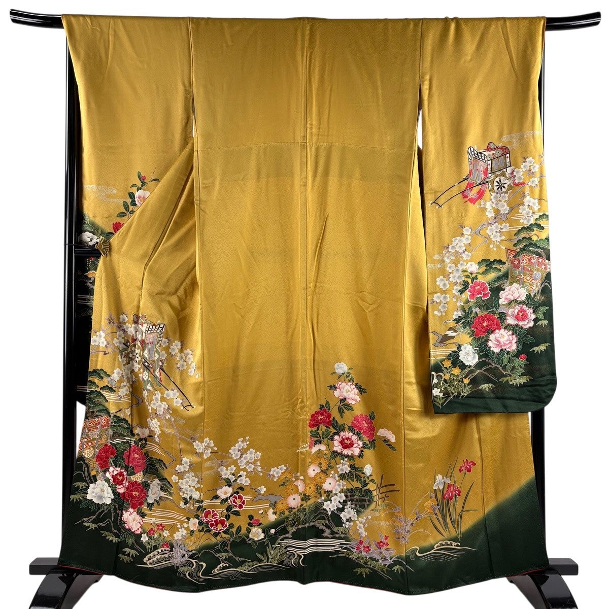 振袖　作家もの　枝垂れ桜　花びら　身丈161　裄68　正絹　着物　032tz 振袖 身丈161.5cm 裄丈68cm L 袷 御所車 枝垂れ桜 金糸 金彩 からし色