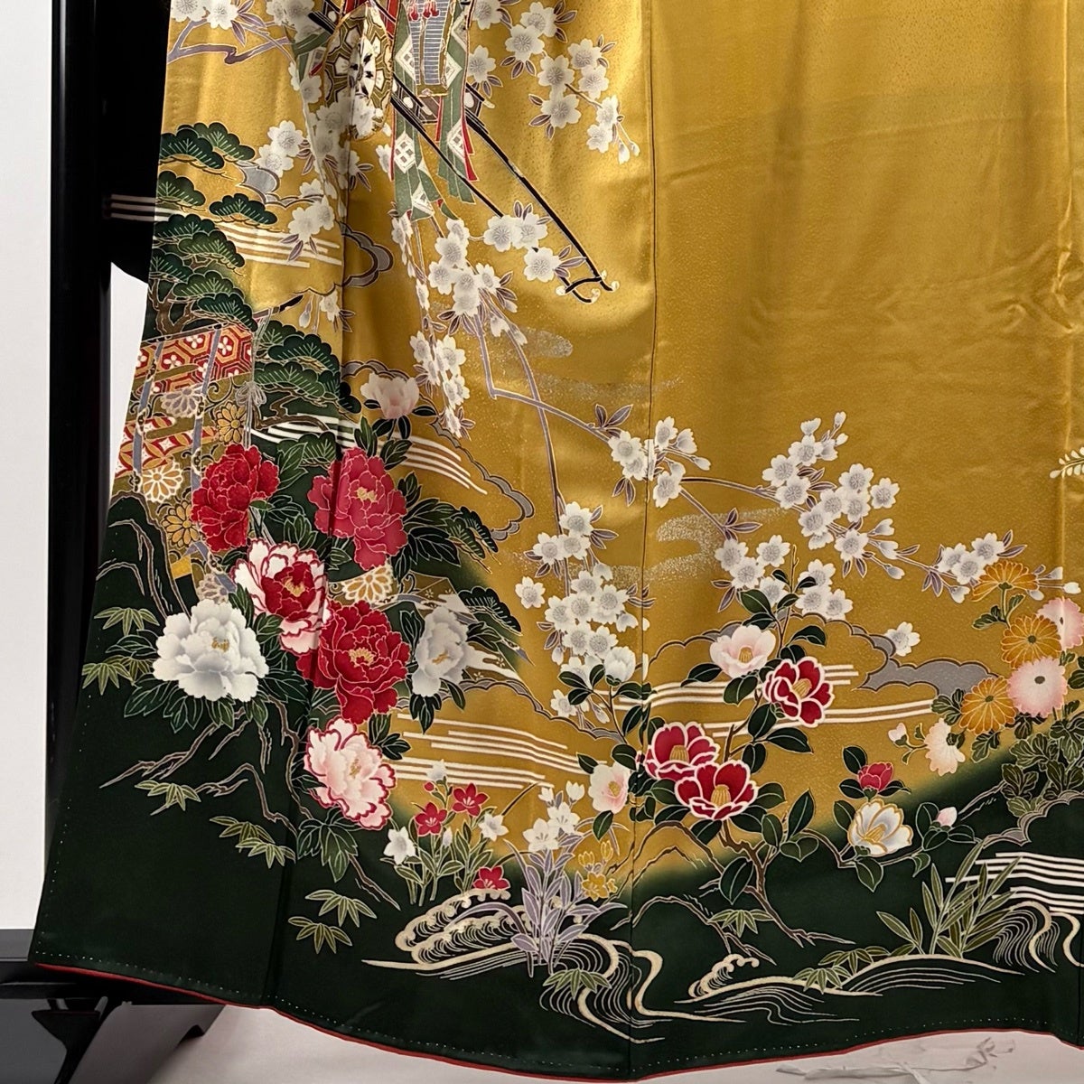 振袖　作家もの　枝垂れ桜　花びら　身丈161　裄68　正絹　着物　032tz 振袖 身丈161.5cm 裄丈68cm L 袷 御所車 枝垂れ桜 金糸 金彩 からし色