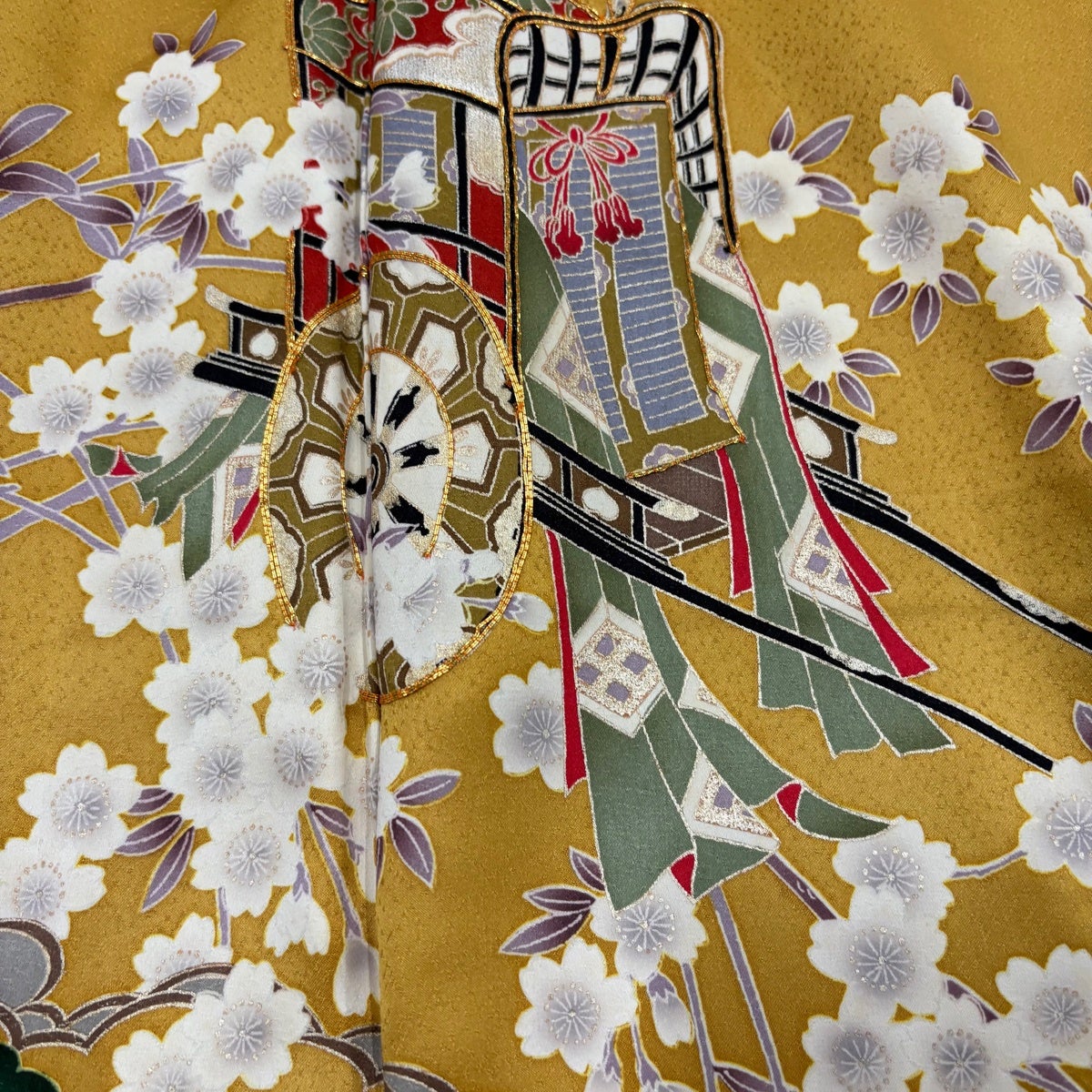 振袖 身丈161.5cm 裄丈68cm L 袷 御所車 枝垂れ桜 金糸 金彩 からし色
