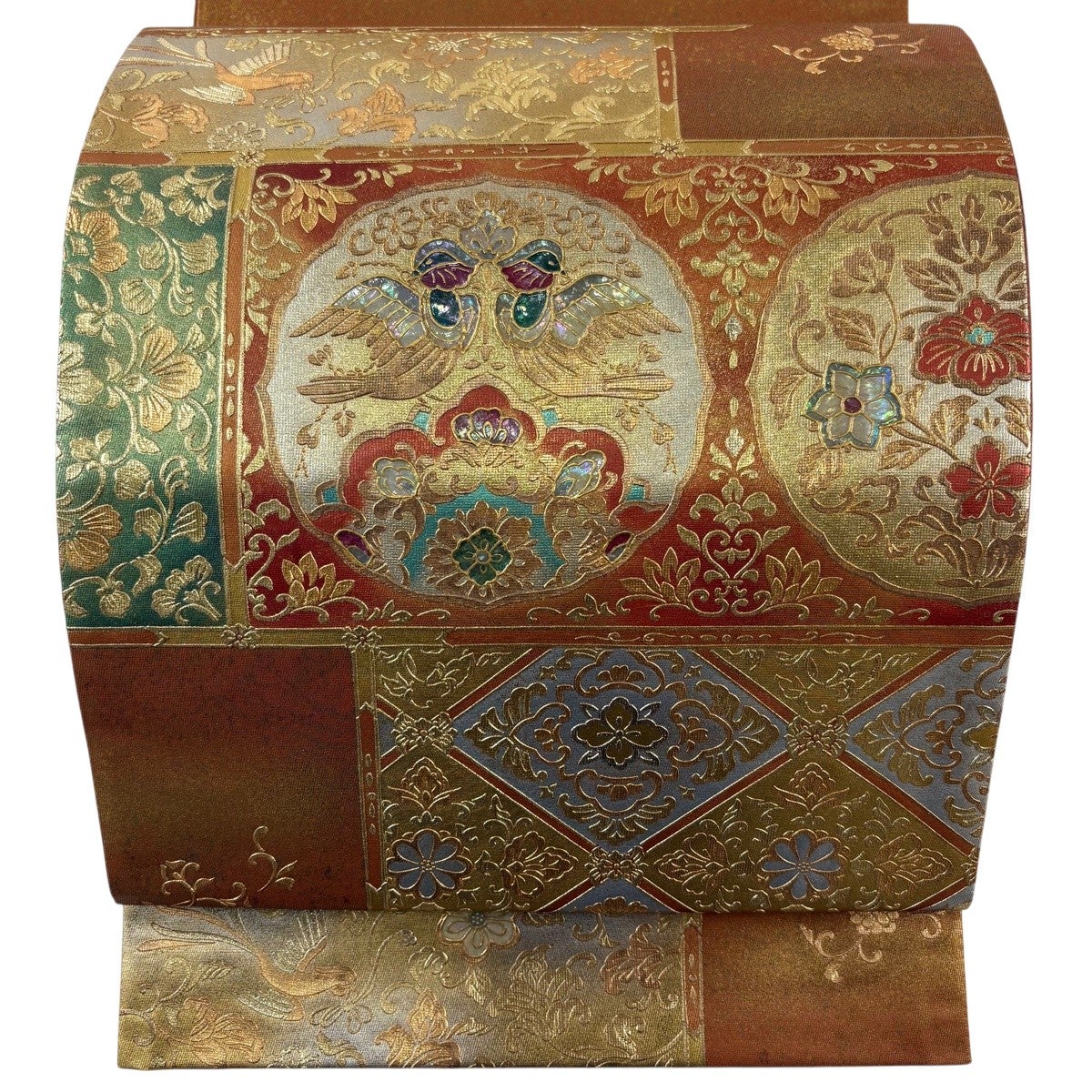 最終価格】 70%OFF 【美品】 袋帯 名品 華文 尾長鶏 螺鈿 箔 灰緑