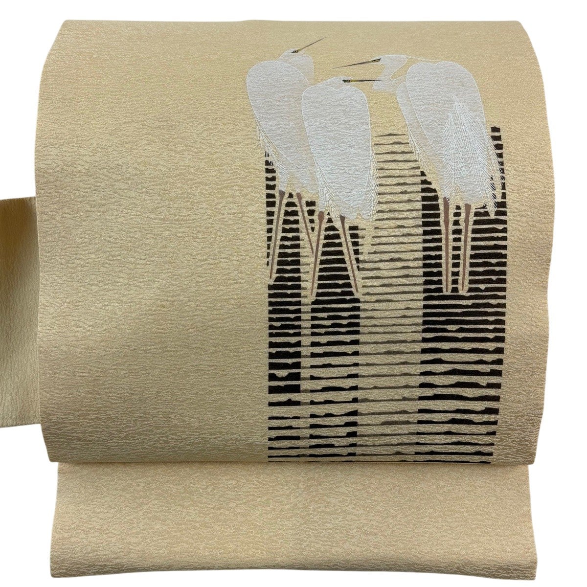 美品】 名古屋帯 名品 鷺 幾何学模様 薄黄 正絹｜中古・古着