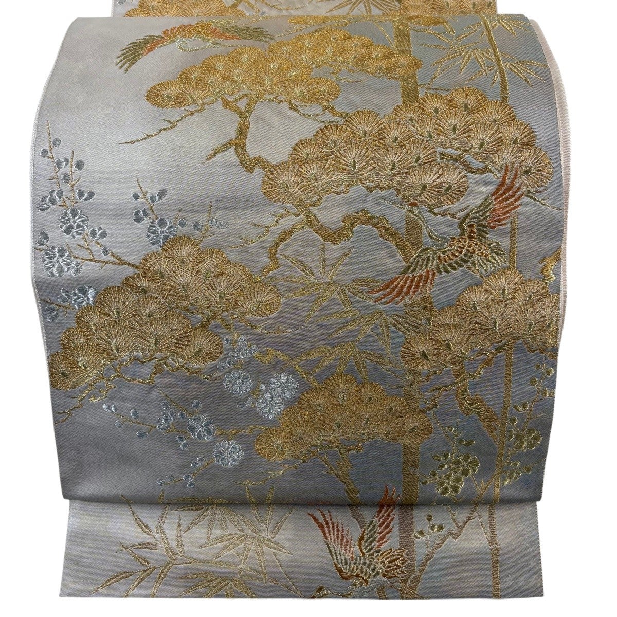 袋帯　万寿菊　金　銀　赤 アンティーク　ゴールド　シルバー 袋帯 名品 落款あり 九代目 坂東三津五郎 襲名記念 菊唐草 菱 金銀糸