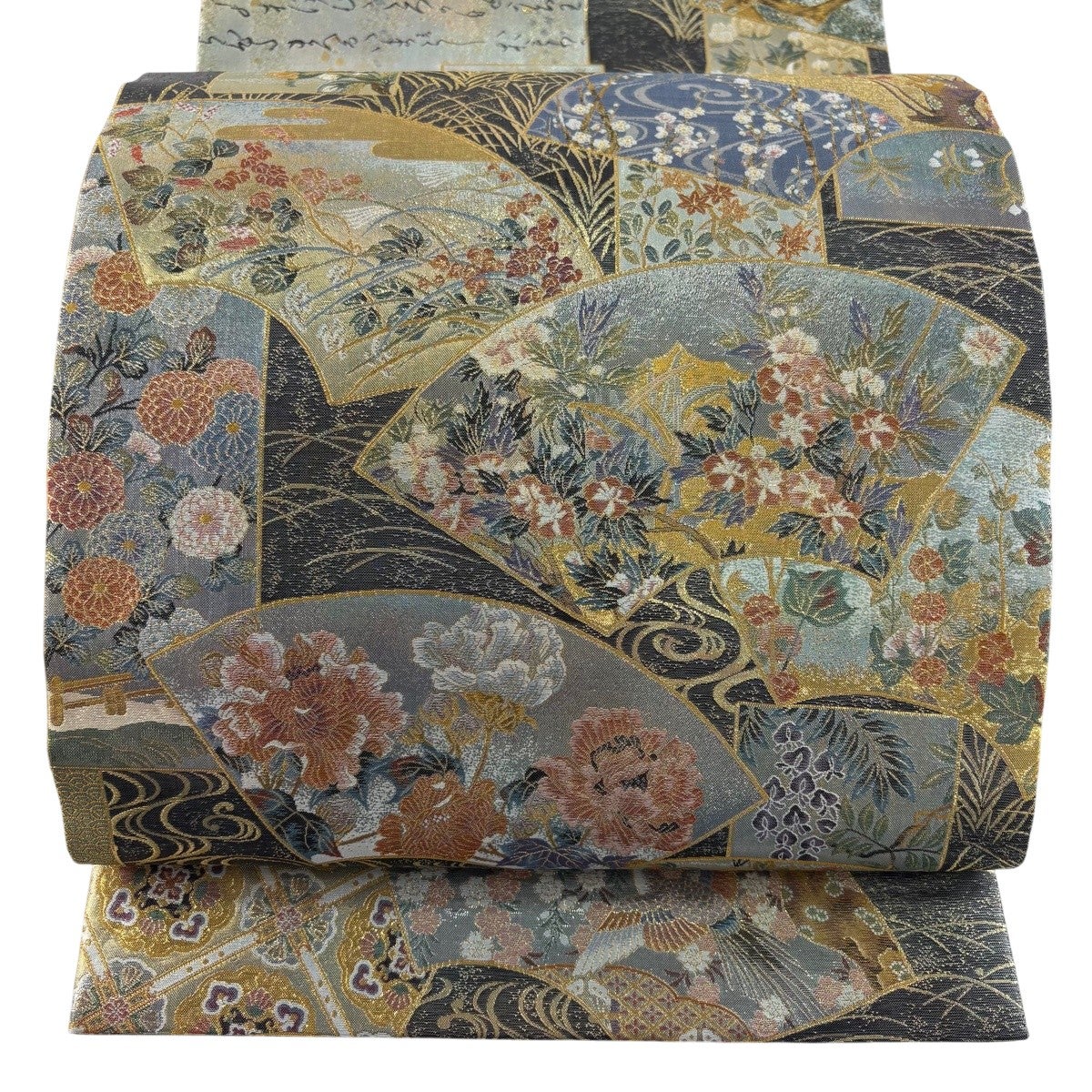 美品】 丸帯 名品 手先二通り 草花 扇面 プラチナ本金箔 灰緑 全通