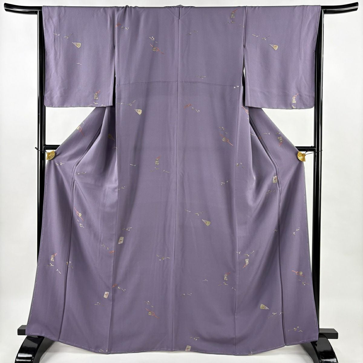 【美品】 小紋 身丈166.5cm 裄丈66.5cm 正絹 秀品 【中古】 小紋 身丈166.5cm 裄丈64.5cm M 袷 鈴 扇 刺繍 金糸 紫 正絹 秀品