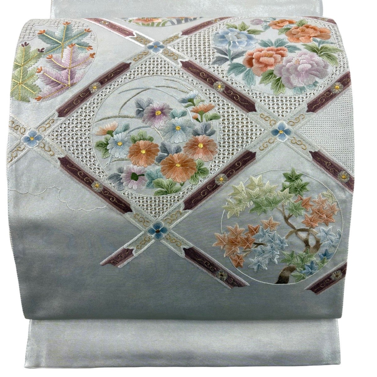 袋帯 名品 関西仕立て 草花 若松 刺繍 金糸 銀色 お太鼓柄 正絹｜中古