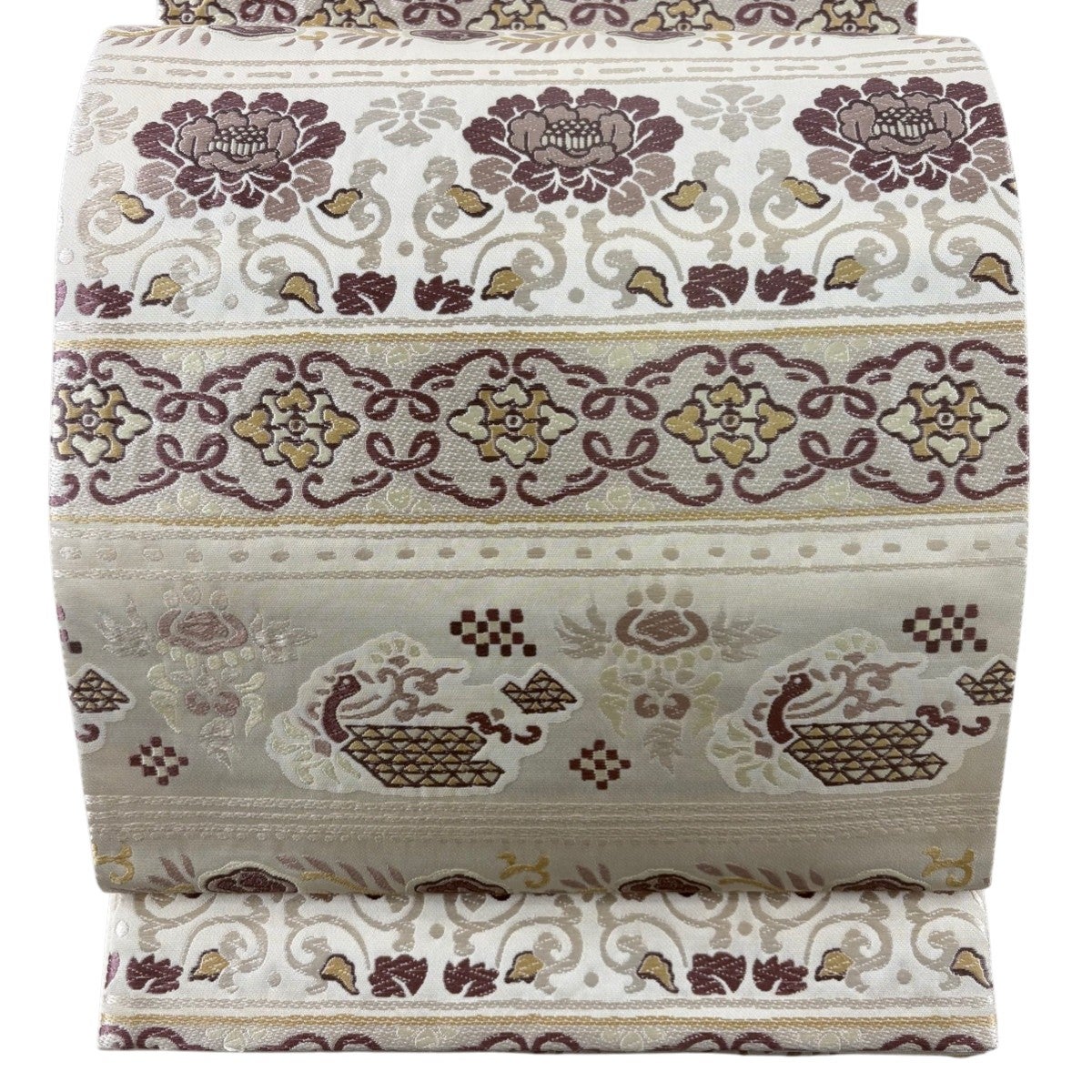 袋帯 名品 七宝花菱文様 金糸 刺繍 灰紫 六通 正絹｜中古・古着