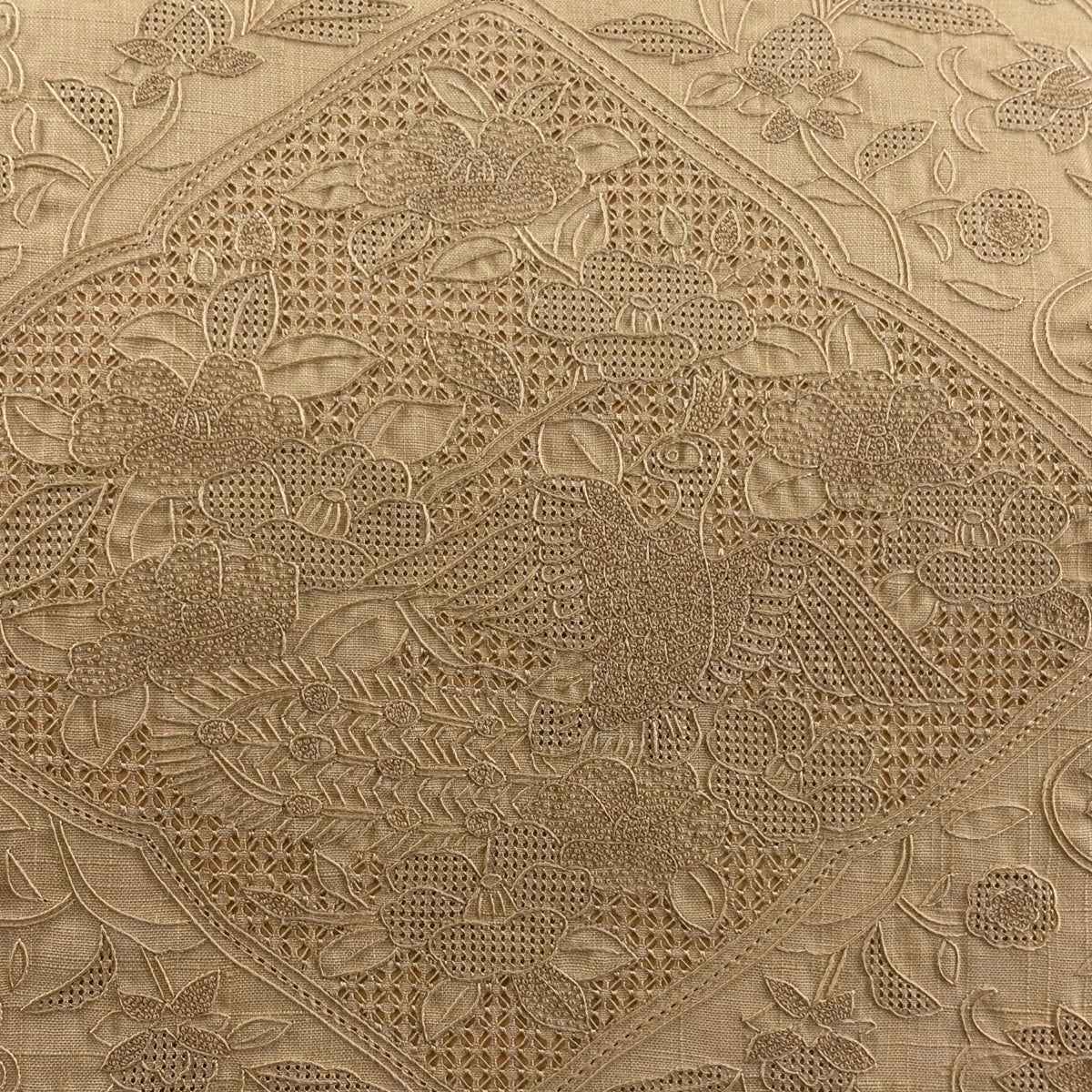 美品】 名古屋帯 秀品 紬地 草花 花唐草 刺繍 薄オレンジ 正絹｜中古
