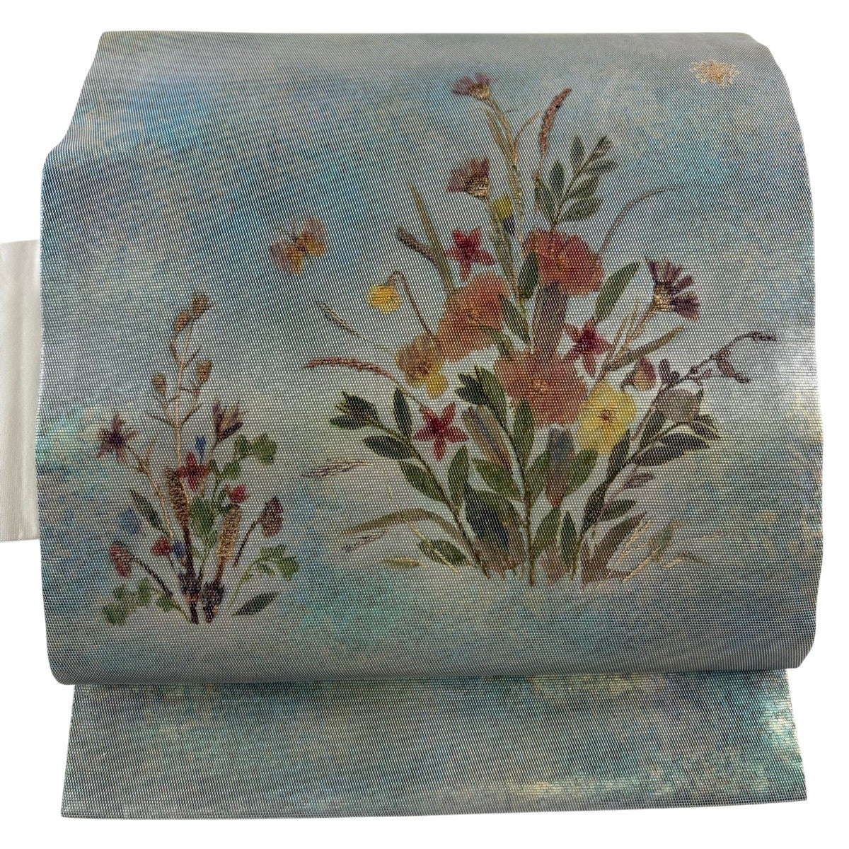 名古屋帯 秀品 花香織 草花 蝶 金彩 刺繍 灰緑 正絹｜中古・古着