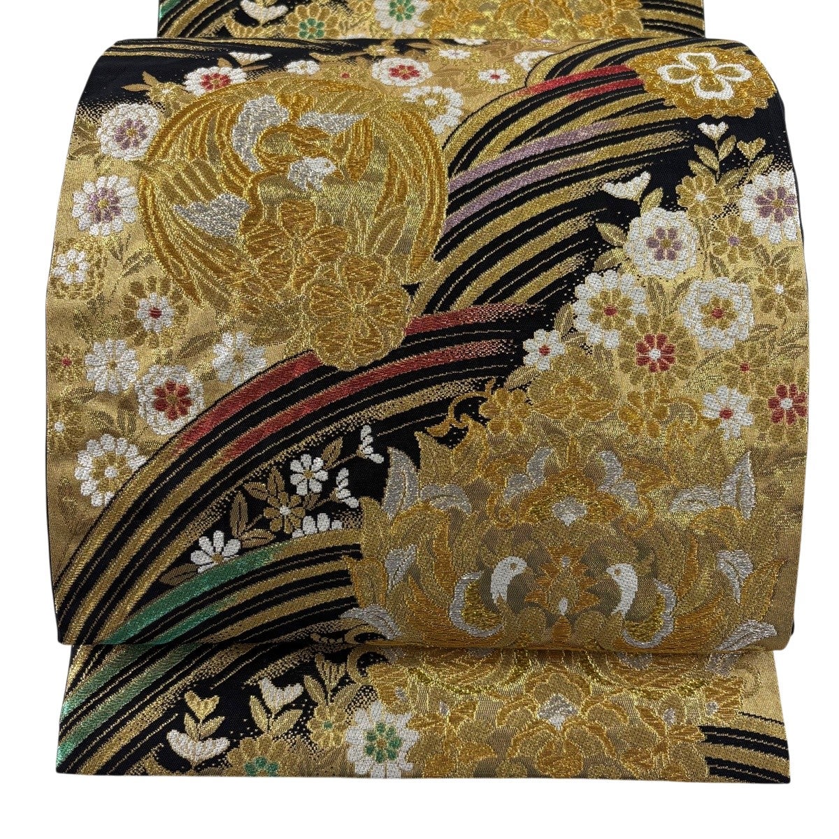 美品】 袋帯 秀品 牡丹 孔雀 唐織 箔 青灰色 六通 正絹｜中古・古着