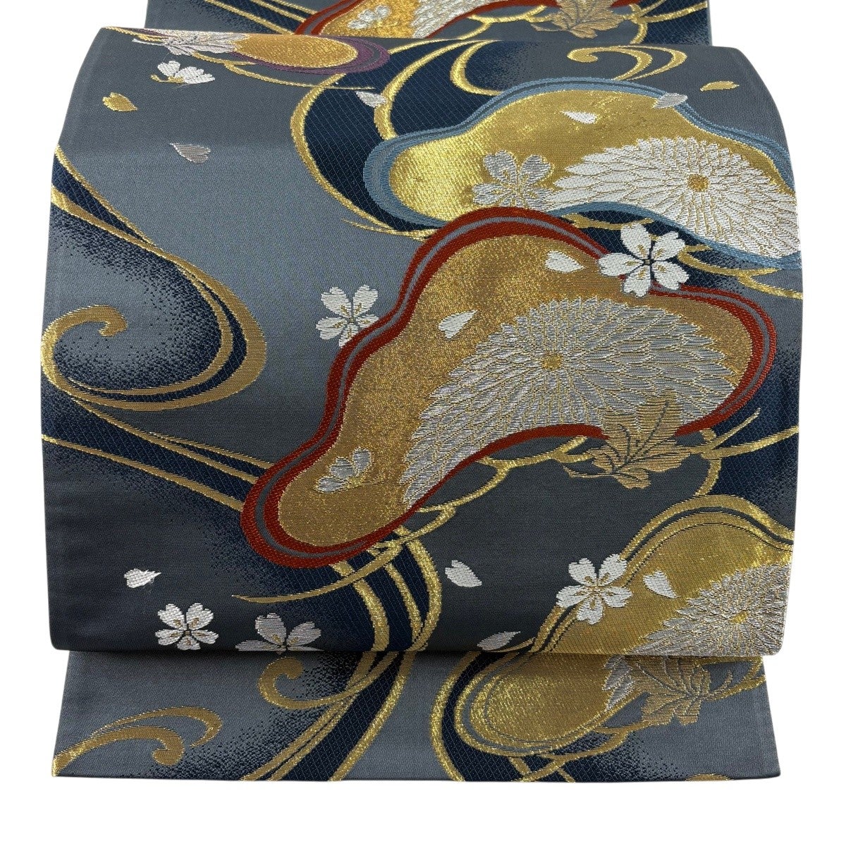 美品】 袋帯 秀品 菊 桜 箔 唐織 青灰色 六通 正絹|中古・古着 美品】 袋帯 秀品 菊 桜 箔 唐織 青灰色 六通 正絹|中古・古着