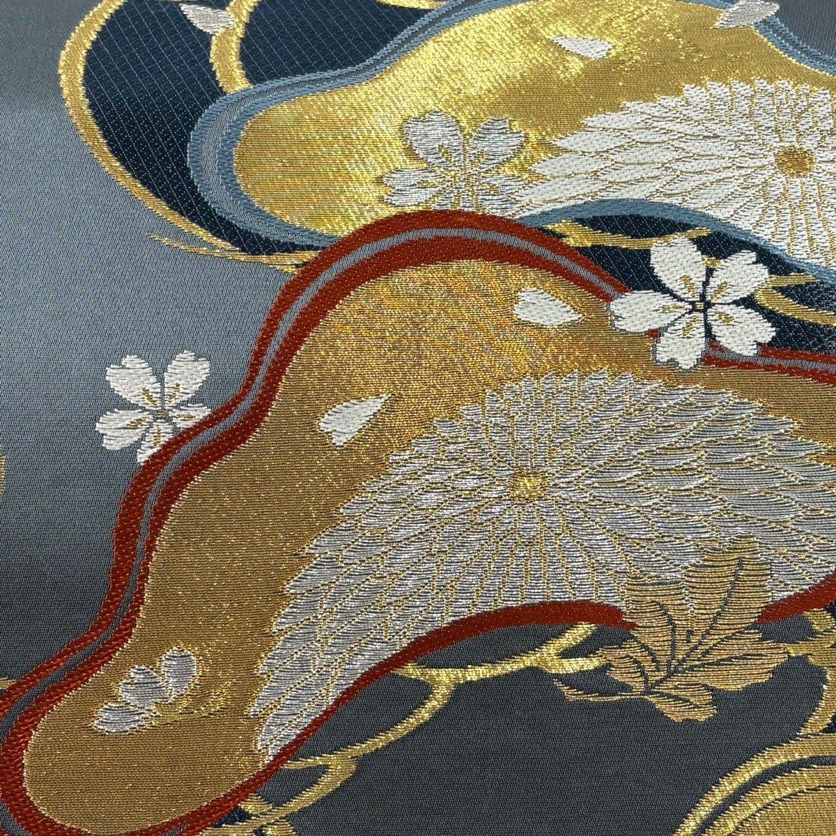 美品】 袋帯 秀品 菊 桜 箔 唐織 青灰色 六通 正絹｜中古・古着