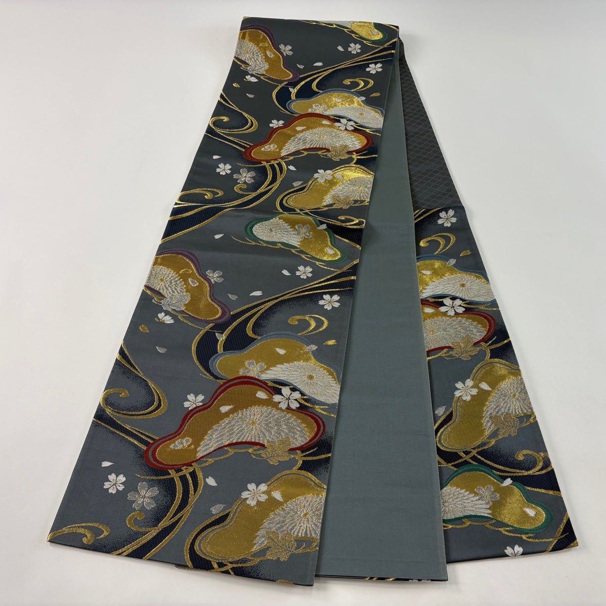 美品】 袋帯 秀品 菊 桜 箔 唐織 青灰色 六通 正絹｜中古・古着