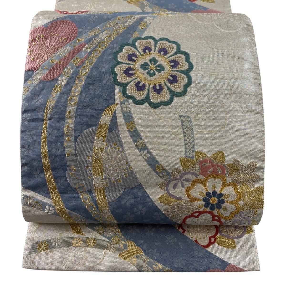 美品】 袋帯 逸品 紋屋井関 落款あり 御寮織 草花 華文 金糸 箔 灰色