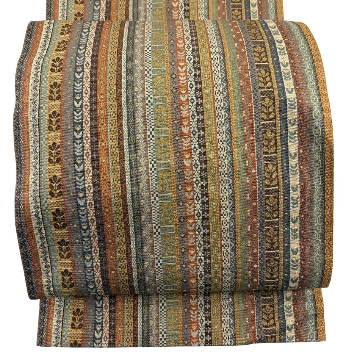 美品】 名古屋帯 秀品 八寸名古屋帯 松葉仕立て 草花 幾何学模様 茶色