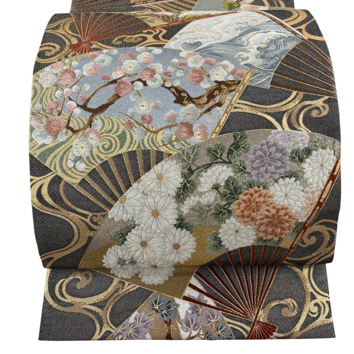 専用帯7205 ●鈴乃屋扱い 高級 正絹 六通 袋帯 美品】 袋帯 秀品 鈴乃屋 扇 草花 金糸 箔 墨色 六通 正絹｜中古・古着