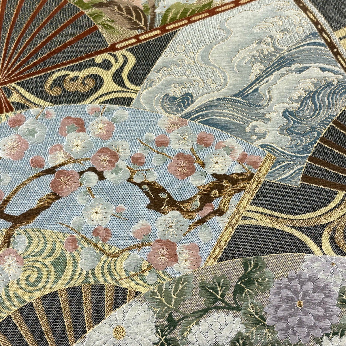 極美品 正絹 袋帯 扇 流水 金糸 箔 鶴 高級和装 Excellent 未使用 24K本金箔 九百錦 牡丹 扇 袋帯 金糸 ベージュ 194 | kimono Re