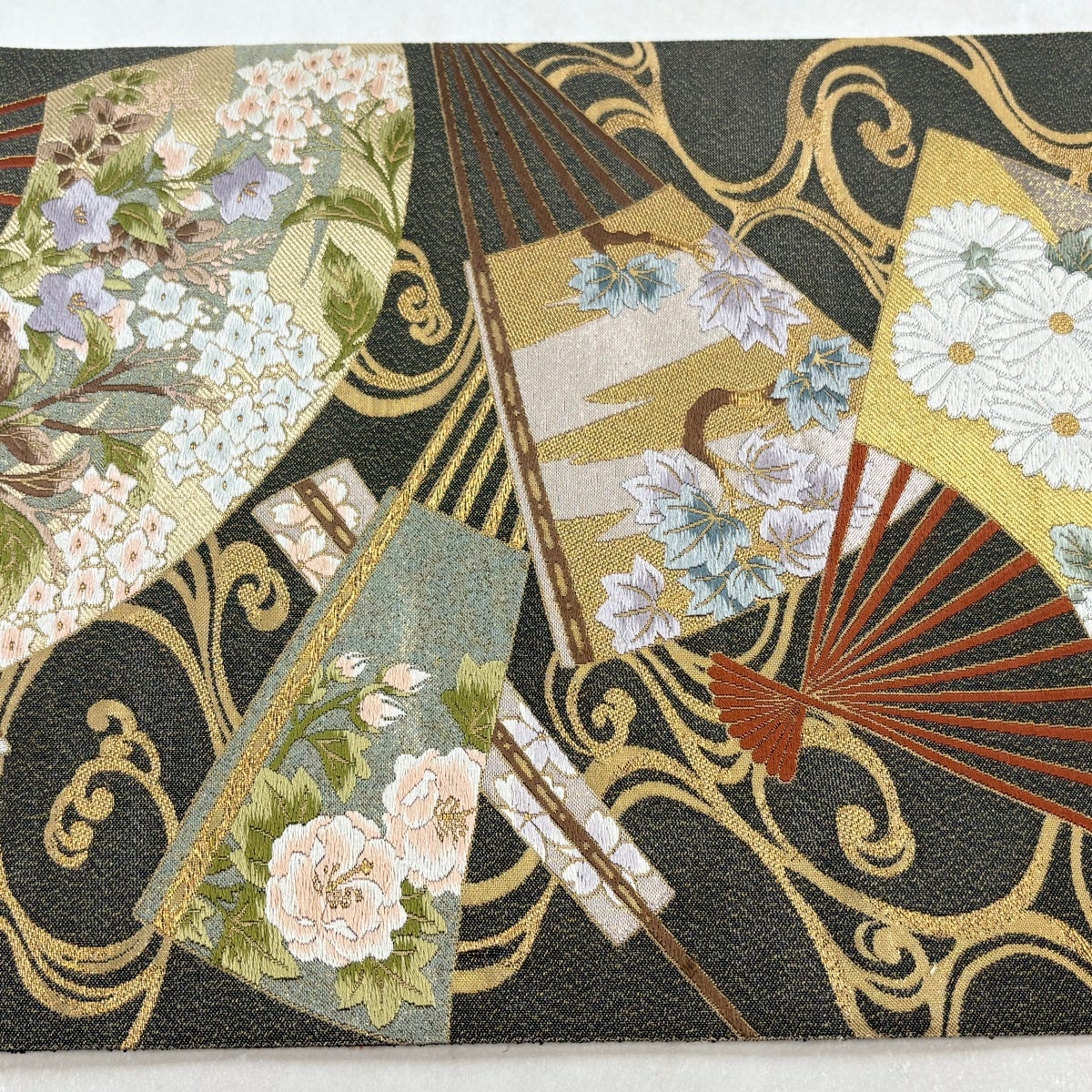 美品】 袋帯 秀品 鈴乃屋 扇 草花 金糸 箔 墨色 六通 正絹｜中古・古着