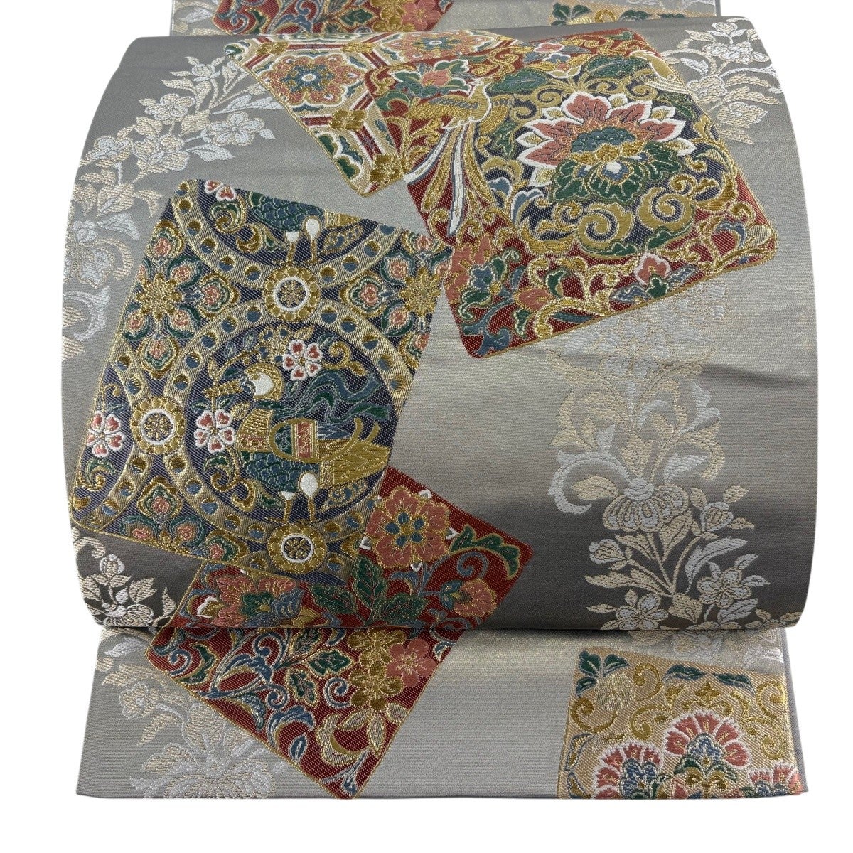 袋帯 秀品 色紙 花鳥 金糸 箔 灰茶 六通 正絹｜中古・古着・リサイクル