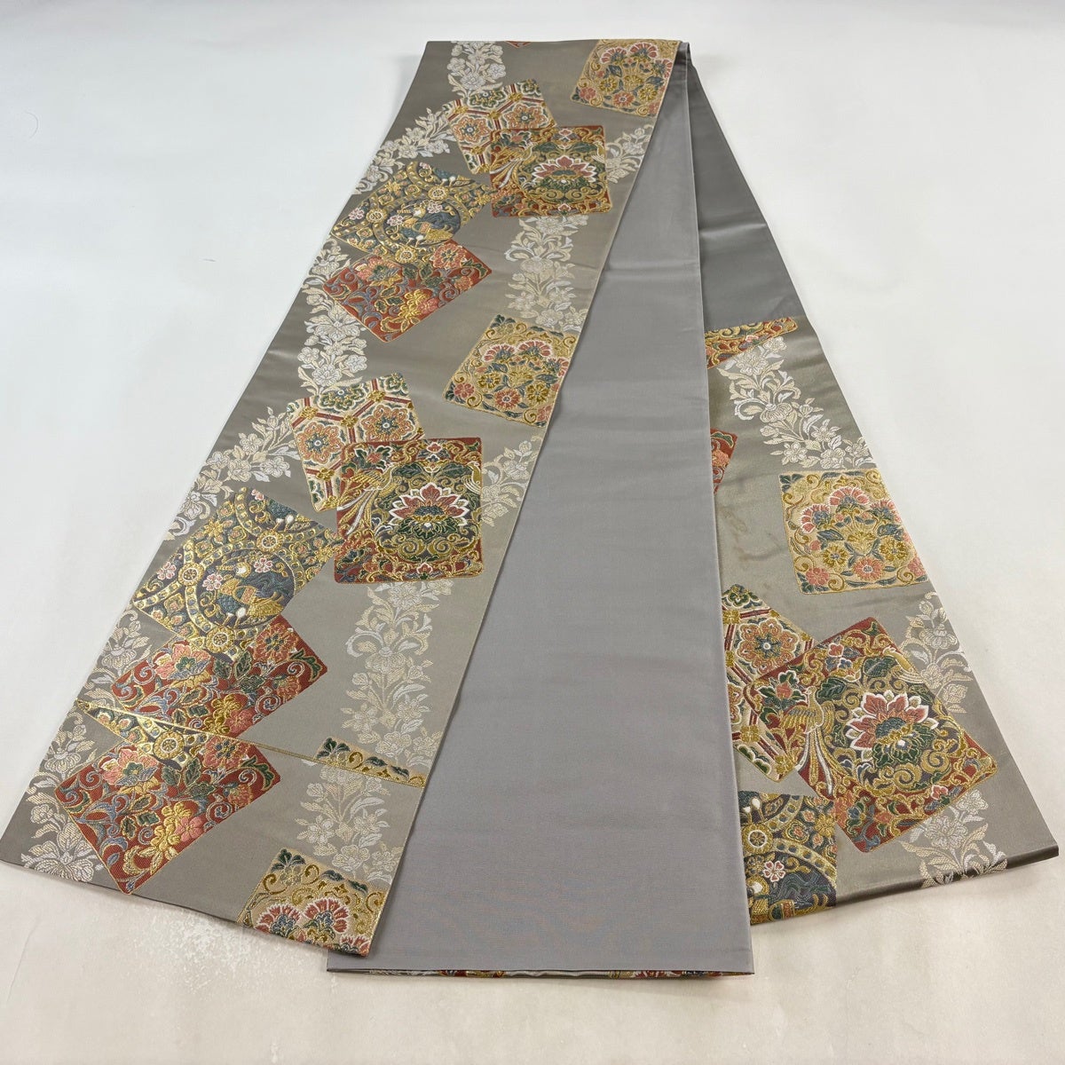 袋帯 秀品 色紙 花鳥 金糸 箔 灰茶 六通 正絹｜中古・古着・リサイクル