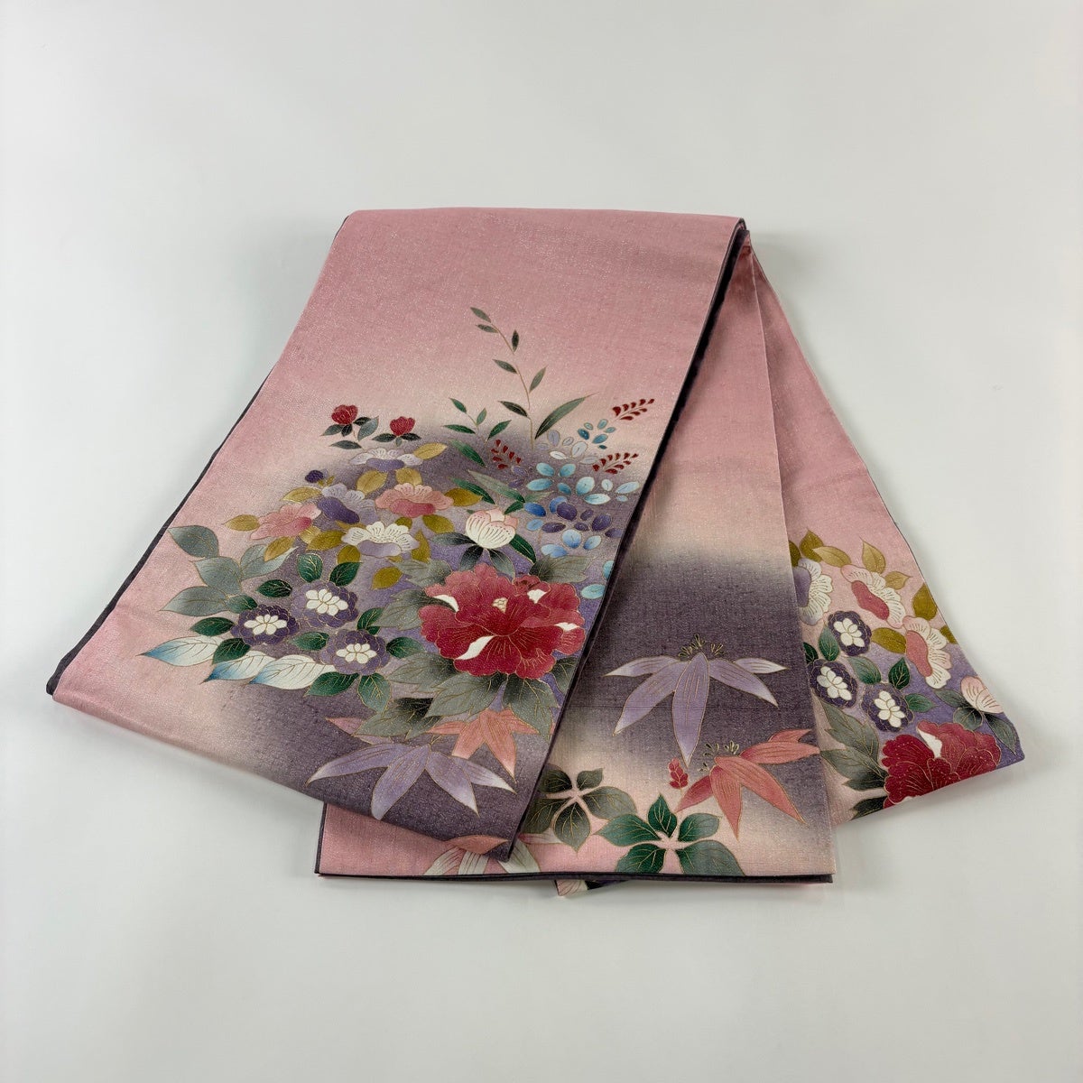 袋帯 秀品 紬地 草花 金彩 箔 ピンク お太鼓柄 正絹｜中古・古着