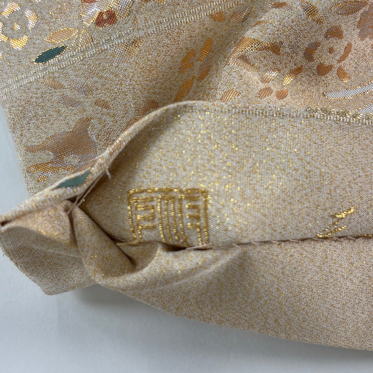 袋帯 秀品 関西仕立て 華文 向かい鳥 金糸 箔 薄茶色 六通 正絹｜中古