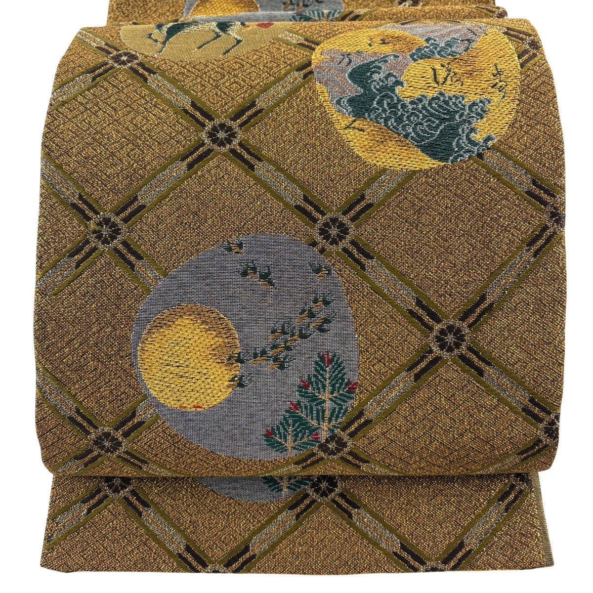 美品】 袋帯 秀品 牡丹 孔雀 唐織 箔 青灰色 六通 正絹｜中古・古着