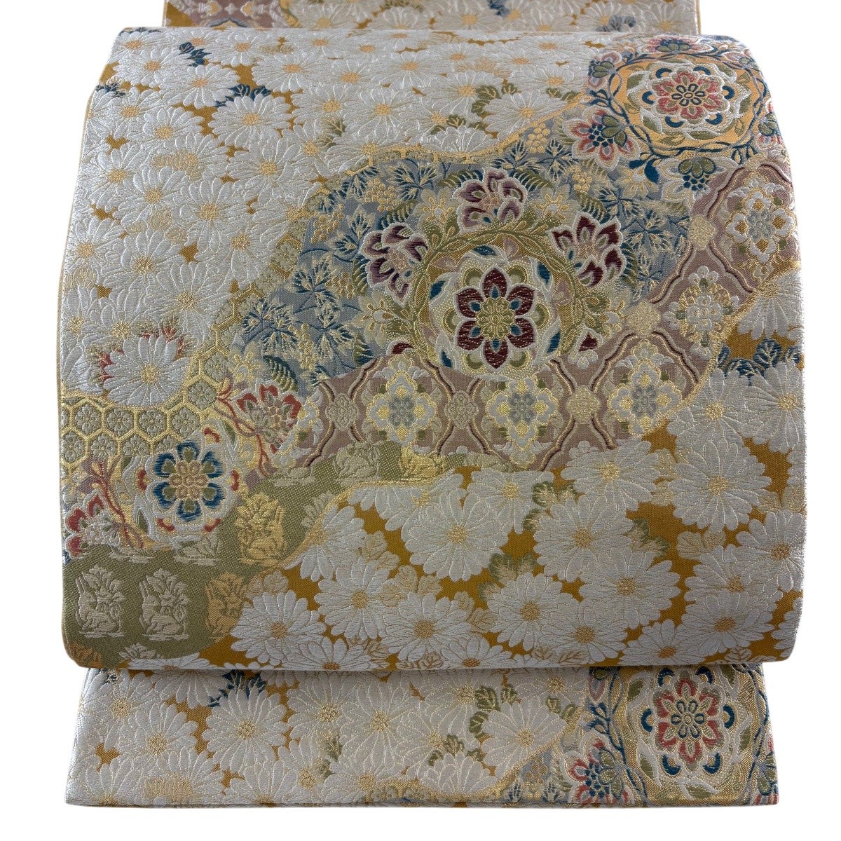 美品】 袋帯 秀品 菊 華文 金糸 箔 山吹茶色 六通 正絹｜中古・古着