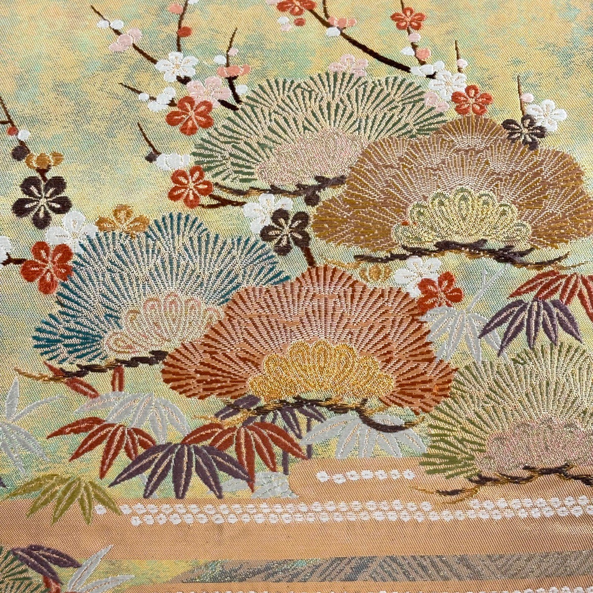 袋帯 秀品 関西仕立て 松竹梅 ヱ霞 金糸 箔 金色 お太鼓柄 正絹|中古 袋帯 秀品 関西仕立て 松竹梅 ヱ霞 金糸 箔 金色 お太鼓柄 正絹|中古