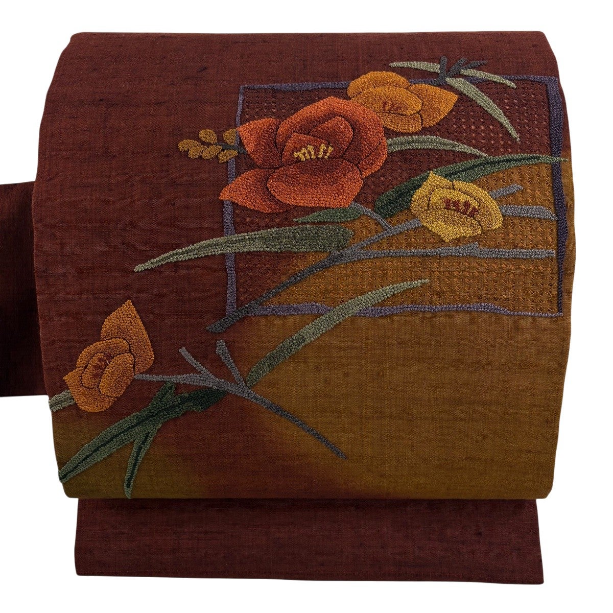 名古屋帯 秀品 紬地 草花 相良刺繍 ぼかし 茶色 正絹|中古・古着 名古屋帯 秀品 紬地 草花 相良刺繍 ぼかし 茶色 正絹|中古・古着