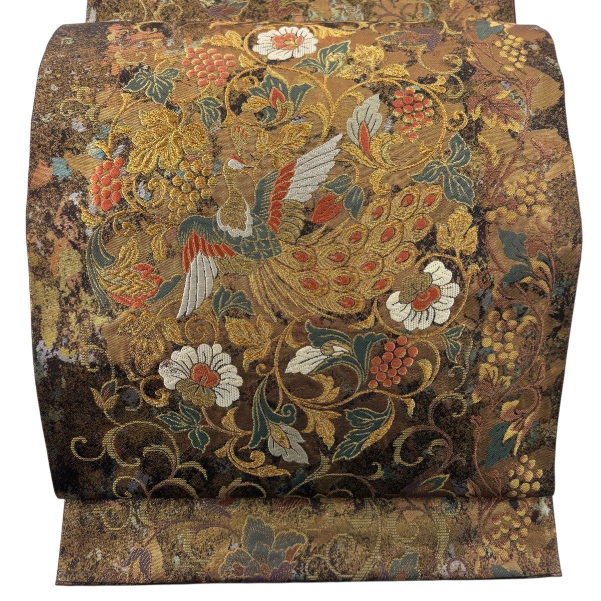 美品】 袋帯 名品 証紙あり 関西仕立て 孔雀 花唐草 刺繍 金糸 金色 六