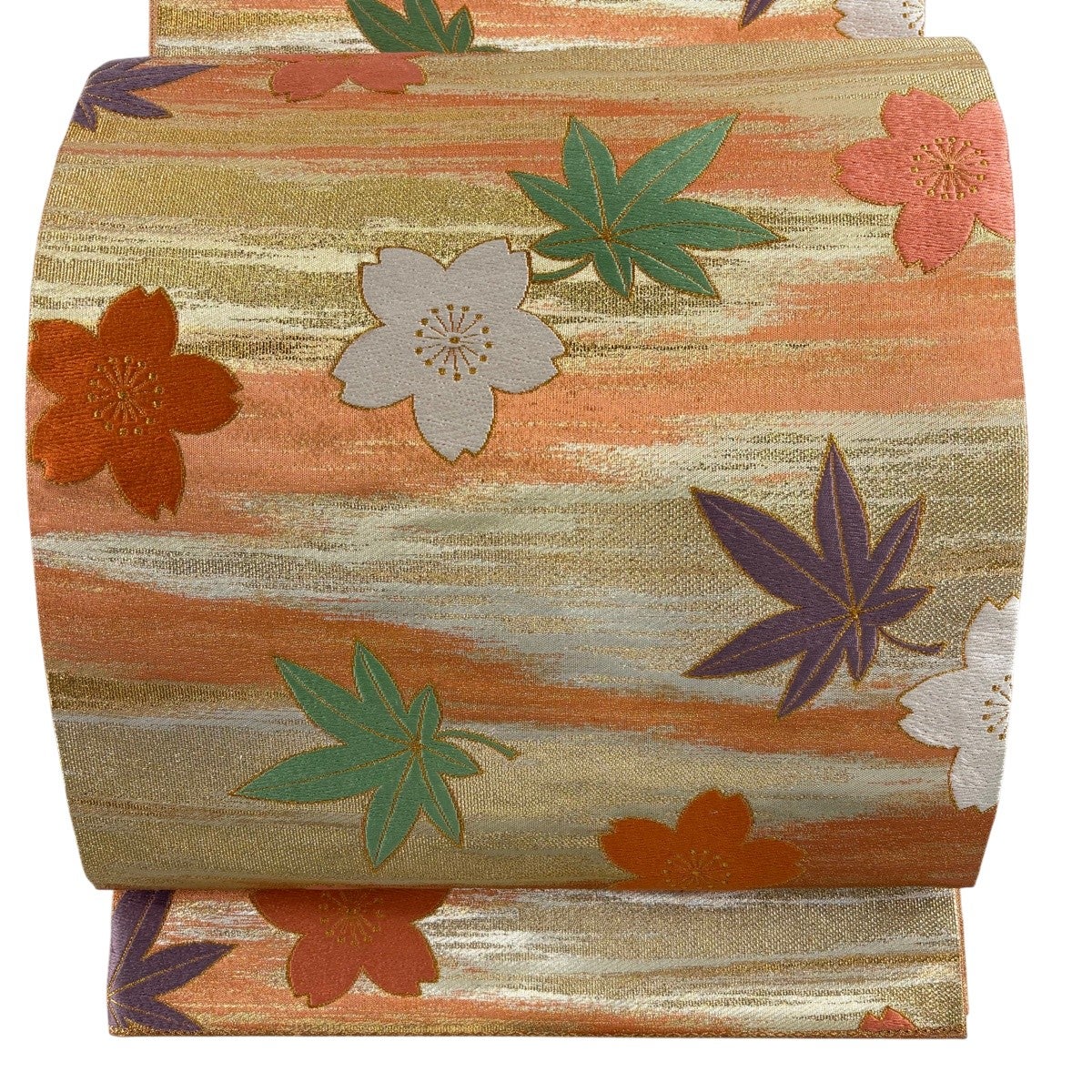 袋帯 秀品 桜楓 霞 金糸 箔 オレンジ 全通 正絹｜中古・古着