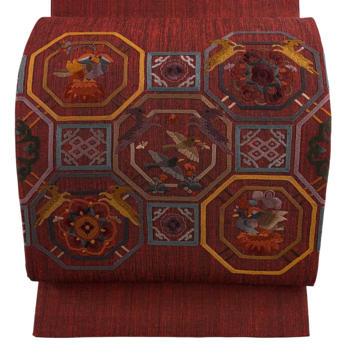 美品】 袋帯 秀品 紬地 蜀江華文 動物 赤黒 お太鼓柄 正絹｜中古・古着
