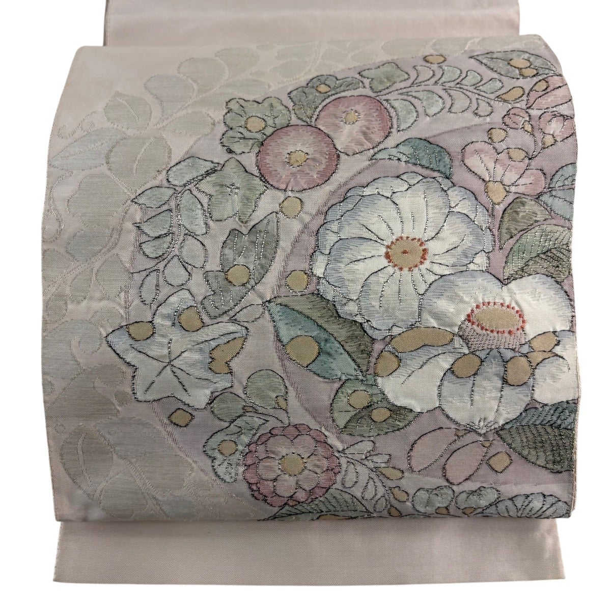 袋帯 秀品 草花 枝花 薄ピンク お太鼓柄 正絹｜中古・古着・リサイクル