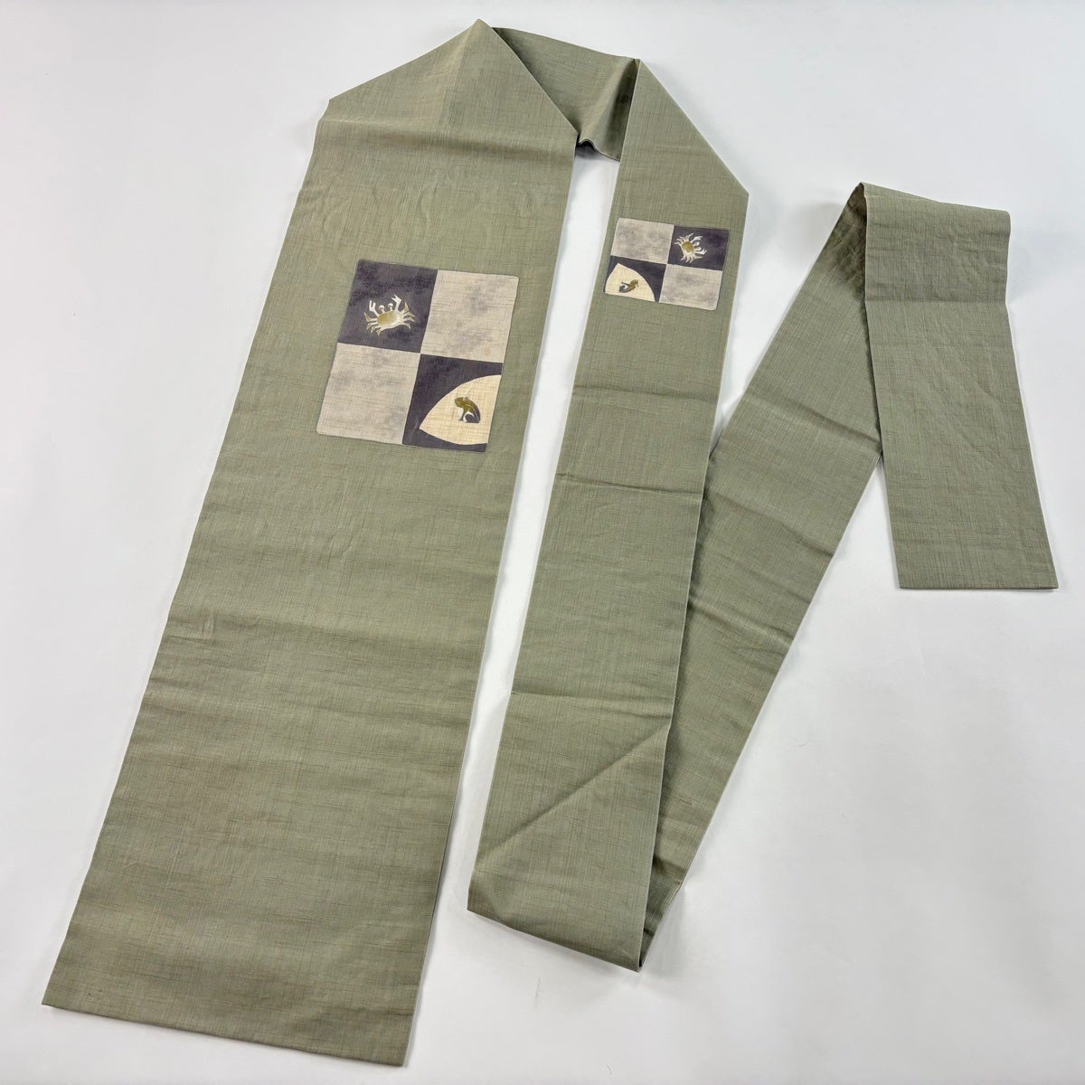 名古屋帯 秀品 夏帯 紬地 蟹 蛙 灰緑 正絹｜中古・古着・リサイクル