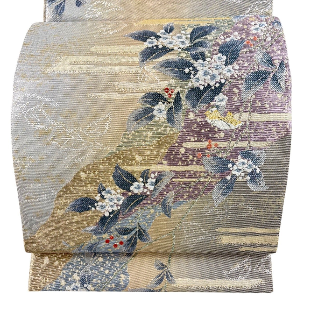 美品】 袋帯 秀品 やまと 草花 霞 金糸 箔 青灰色 六通 正絹｜中古