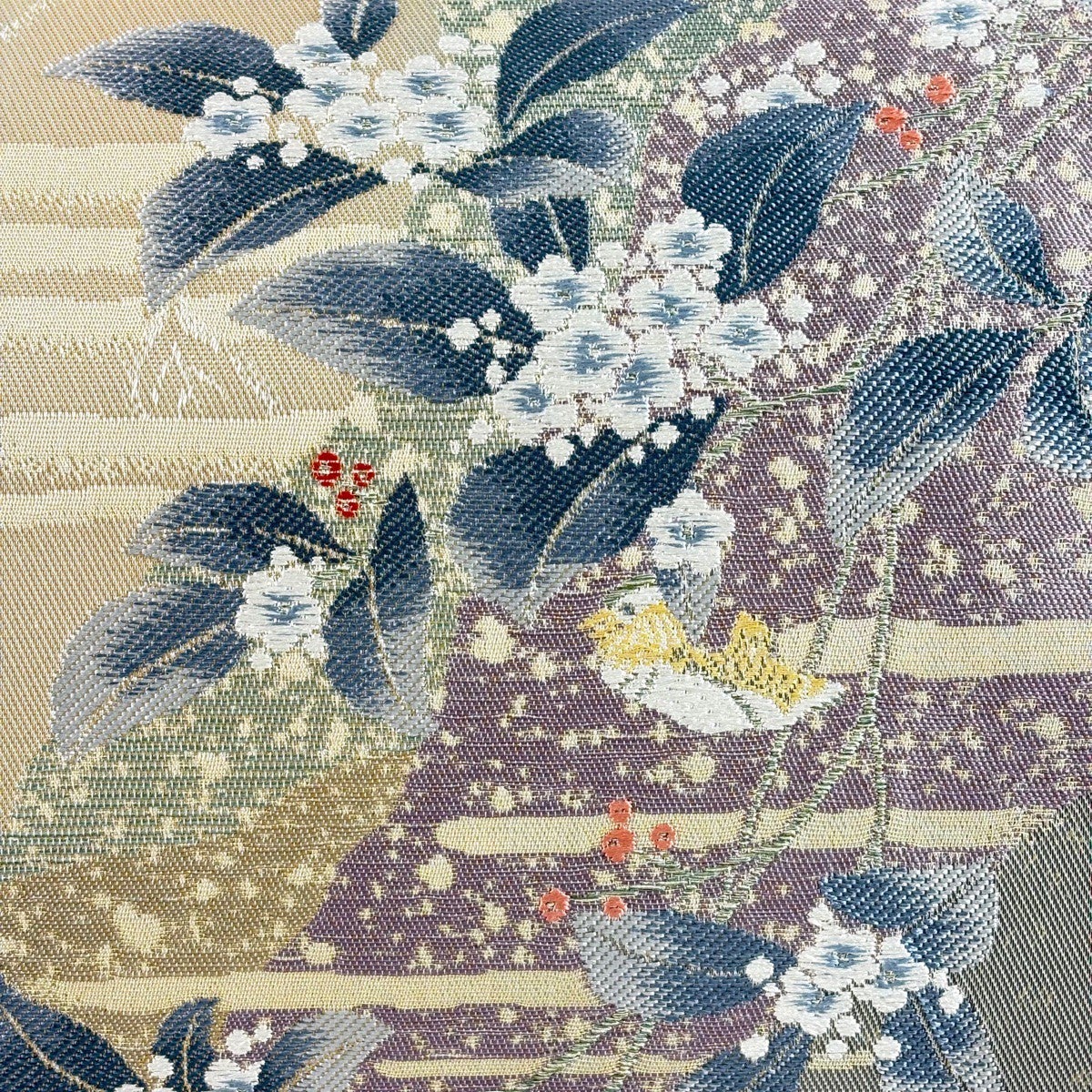 【未使用品】やまと誂製　六通柄袋帯　草花文　金銀糸 美品】 袋帯 秀品 やまと 草花 霞 金糸 箔 青灰色 六通 正絹｜中古