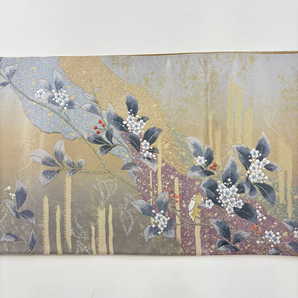 美品】 袋帯 秀品 やまと 草花 霞 金糸 箔 青灰色 六通 正絹｜中古