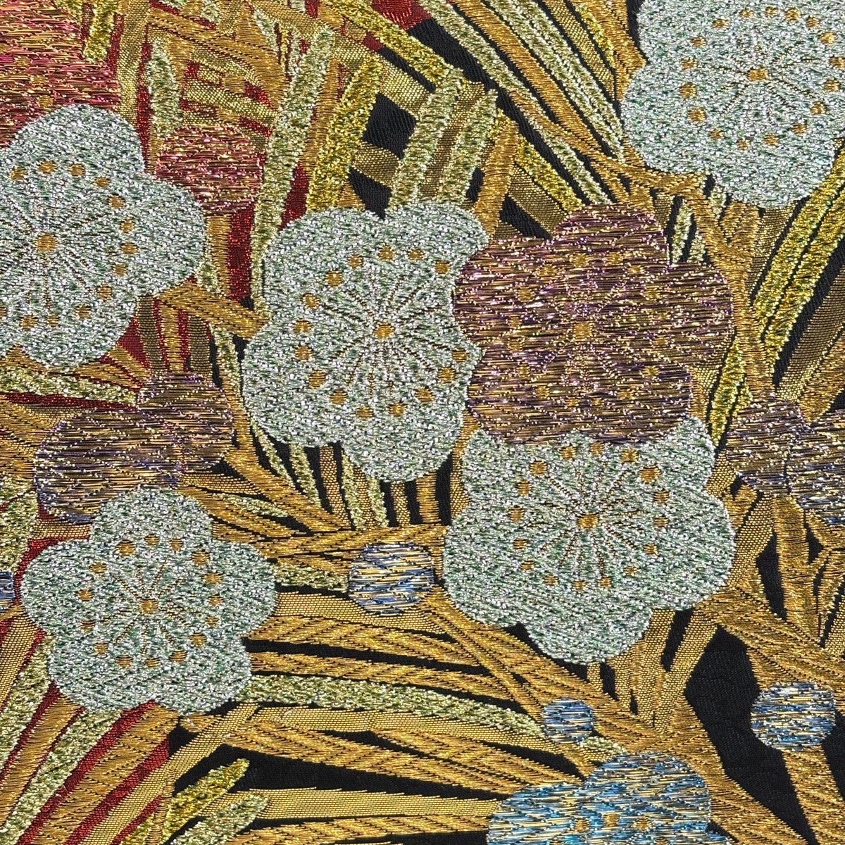 美品】 袋帯 秀品 若松 枝梅 金糸 箔 黒 六通 正絹｜中古・古着